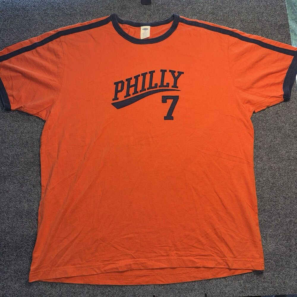 Vintage Old Navy Philly 7 Graphic T Shirt Size XL Orange Blue Ringer Y2K